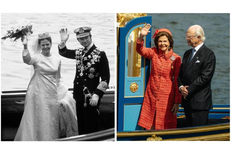 Wie vor 50 Jahren: Königin Silvia und König Carl Gustaf von Schweden fahren mit einer Barkasse durch Stockholm.