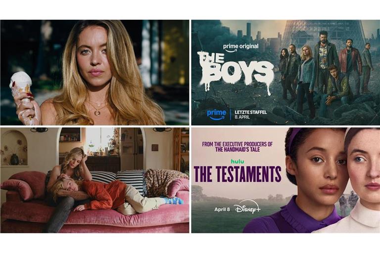 Wie wäre es zum Beispiel mit „Euphoria“, „The Boys“, „The Testaments“ oder „Only Margo“ (von links oben im Uhrzeigersinn)? Einige unserer Streamingtipps im April