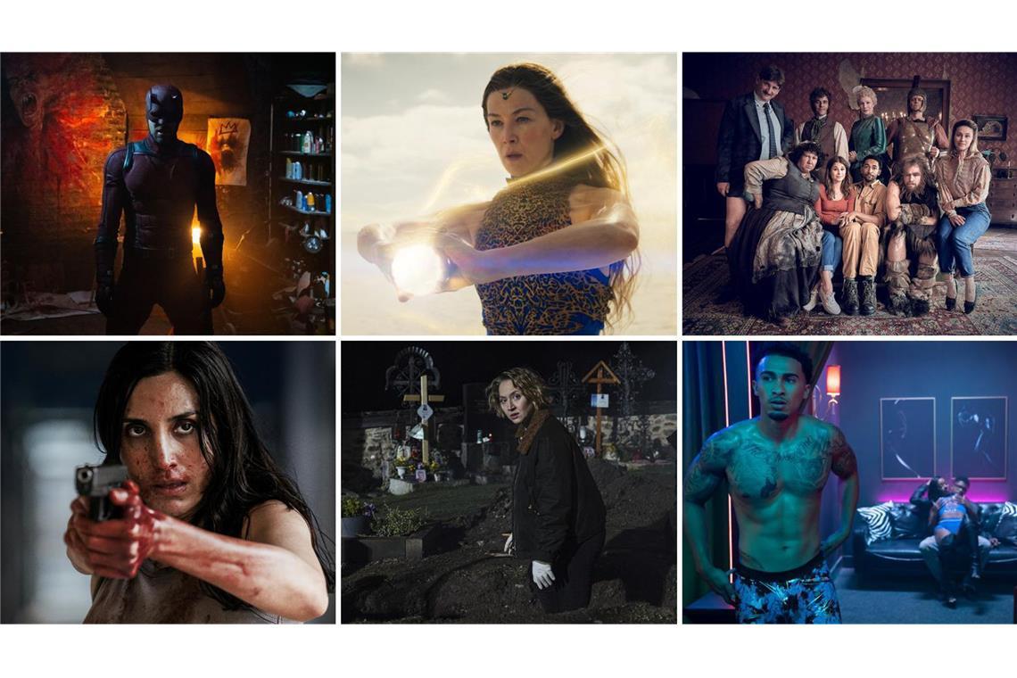 Die 12 besten neuen Serien bei Netflix und Co. Wie wär’s zum Beispiel mit „Daredevil Born Again“, „The Wheel of Time“, „Ghosts“, „Beauty in Black“, „Die Totenfrau“ oder „Gangs of London“ (von links oben im Uhrzeigersinn)? Unsere Serientipps für März