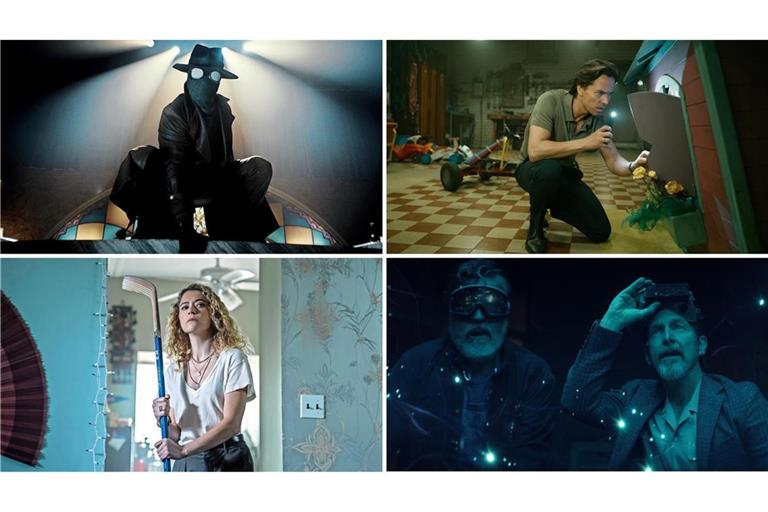 Wie wär’s zum Beispiel mit „Spider-Noir“, „Achtsam morden“, „The Boroughs“ oder „Maximum Pleasure Guaranteed“ (von links oben im Uhrzeigersinn)? Unsere Serientipps für Mai.