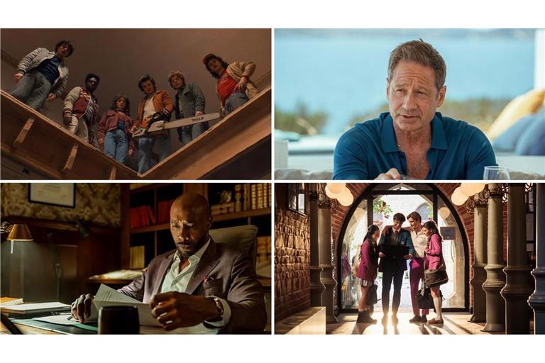 Wie wär’s zum Beispiel mit „Stranger Things“, „Malice“, „Maxton Hall“ oder „Watson“ (von links oben im Uhrzeigersinn)? Unsere Serientipps für November.