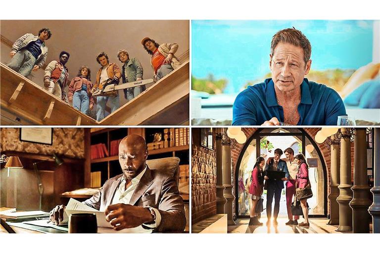 Wie wär’s zum Beispiel mit „Stranger Things“, „Malice“, „Maxton Hall“ oder „Watson“ (von links oben im Uhrzeigersinn)? Unsere Serientipps für November.