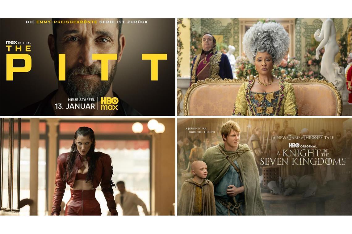 Wie wär’s zum Beispiel mit „The Pitt“, „Bridgerton“, „A Knight of the Seven Kingdoms“ oder „The Beauty“ (von links oben im Uhrzeigersinn)? Unsere Serientipps für Januar.