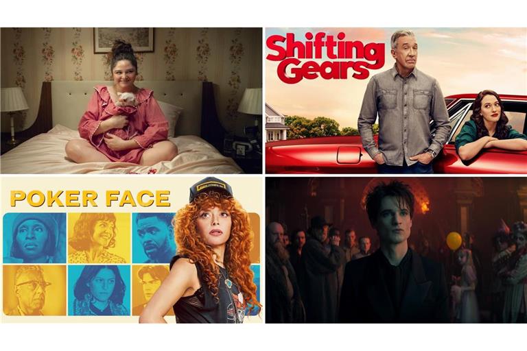 Wie wär’s zum Beispiel mit „Too Much“, „Shifting Gears“, „The Sandman“ oder „Poker Face“ (von links oben im Uhrzeigersinn)? Unsere Serientipps im Juli