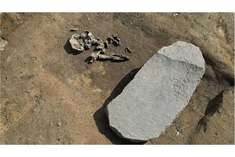 Wiedergänger-Grab in Oppin (Sachsen-Anhalt): Dieser ein Meter lange, 50 Zentimeter breite und zehn Zentimeter hohe Stein sollte verhindern, das der Verstorbene aus dem Reich der Toten zurückkehrt.