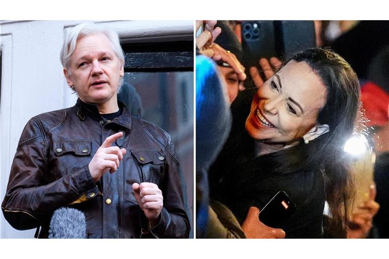 Wikileaks-Gründer Julian Assange (l.) hat die Nobel-Stiftung wegen der Verleihung des Friedensnobelpreises an María Corina Machado in Schweden angezeigt.