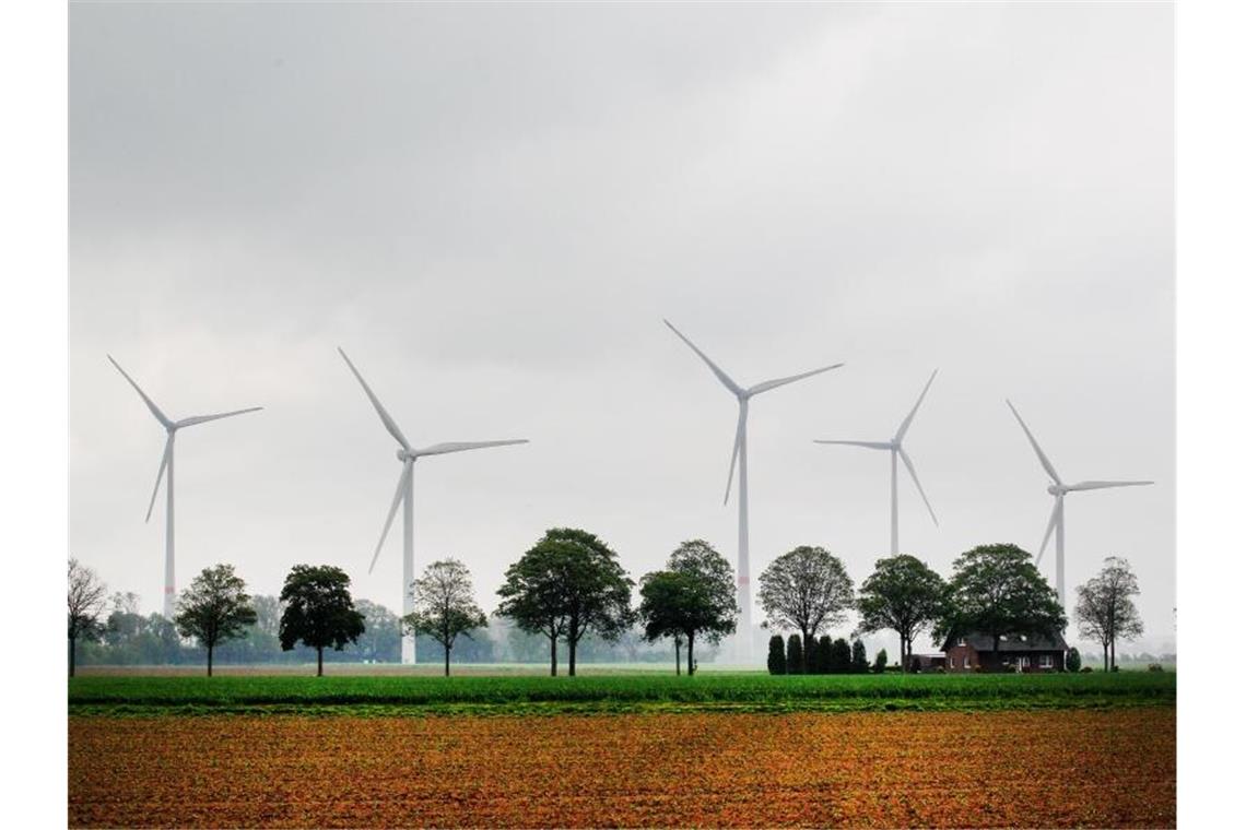 Windkraftanlagen hinter Feldern. Foto: Roland Weihrauch/dpa/Symbolbild