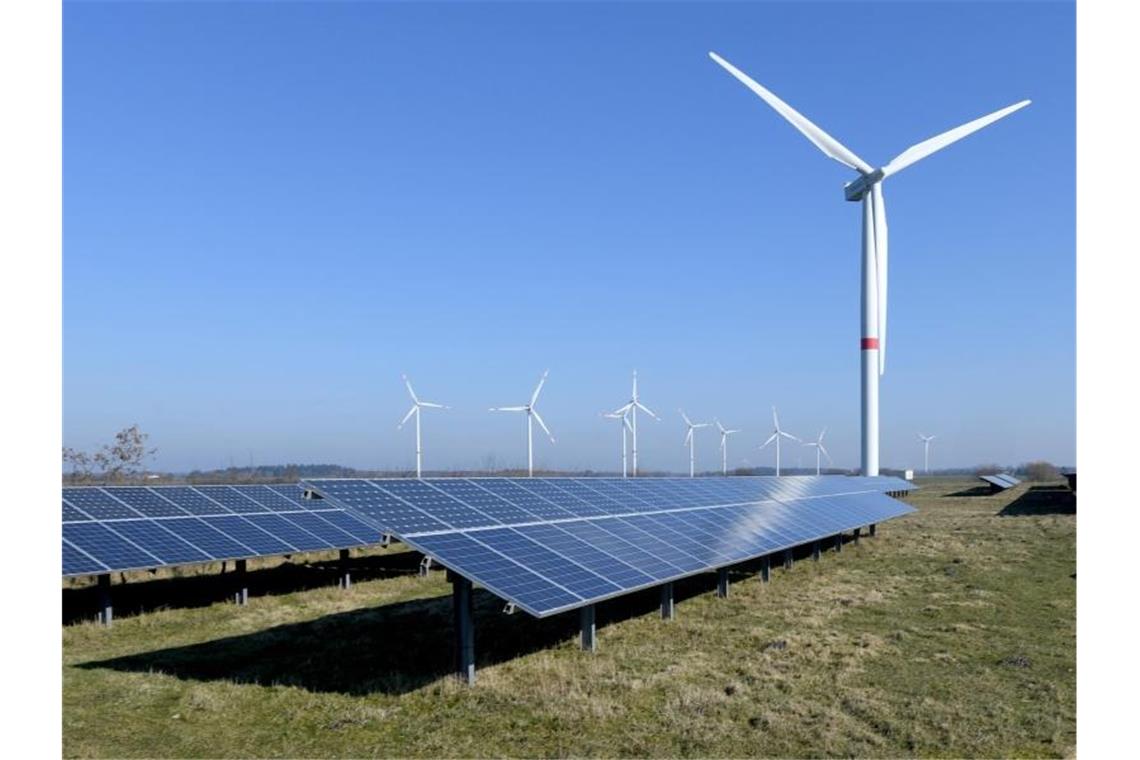 Windkraftanlagen stehen hinter einer Solarstrom-Freiflächenanlage im Solarpark Klixbüll. Foto: Carsten Rehder/Archivbild