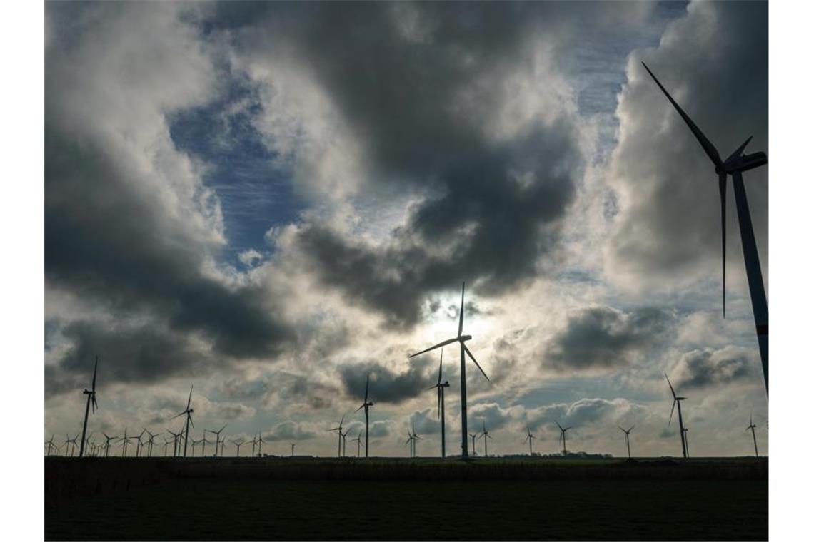 Windräder drehen sich in einem Windfeld am Hauke-Haien-Koog an einem Deich der Nordseeküste. Foto: Axel Heimken/dpa