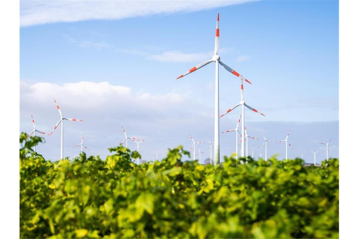 Windräder stehen auf einem Feld. Foto: Julian Stratenschulte/dpa/Archivbild