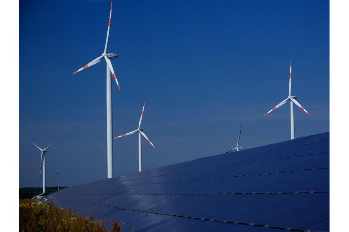 Windräder zur Stromerzeugung drehen sich am hinter einem Solarpark. Der Ökostrom-Anteil soll weiter steigen. Foto: Jens Büttner/dpa-Zentralbild/dpa