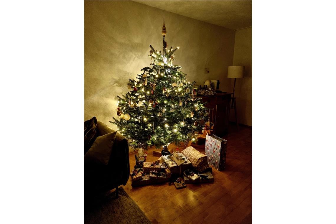 Wir haben in diesem Jahr unseren Weihnachtsbaum mit Holz und Papierornamenten ge...
