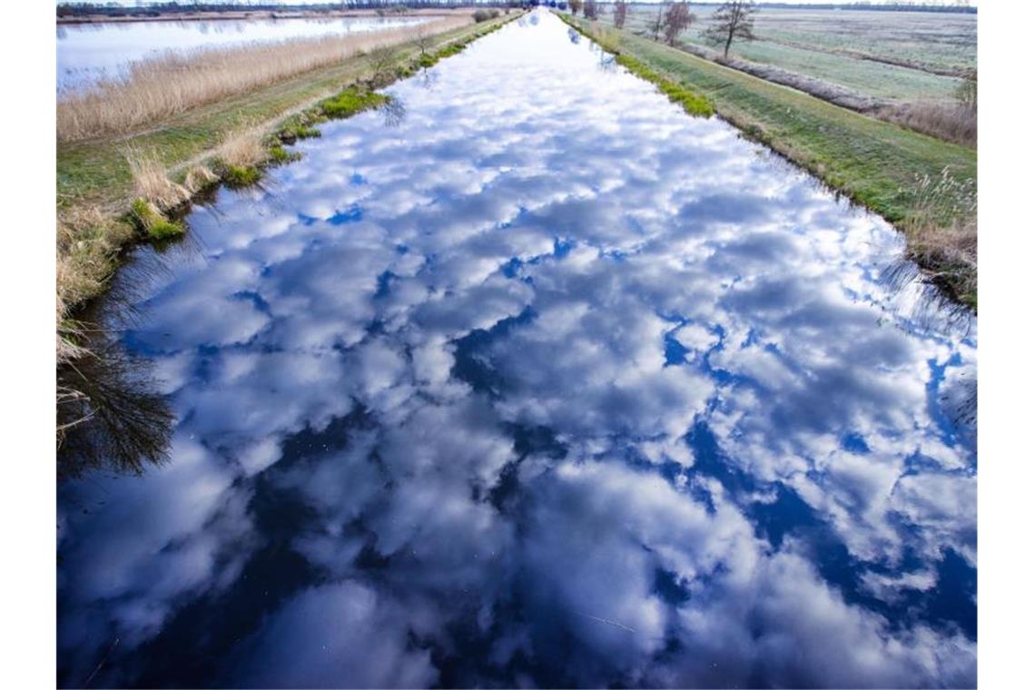 Wolken spiegeln sich im Wasser der Müritz-Elde-Wasserstraße im Naturschutzgebiet Lewitz. Foto: Jens Büttner/dpa-Zentralbild/dpa