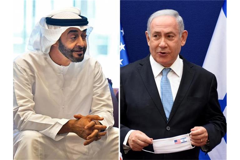 Wollen aufeinandertreffen: VAE-Kronprinz Mohammed bin Sajid al-Nahjan (l) und Israels Ministerpräsident Benjamin Netanjahu. Foto: Debbi Hill/Pool UPI/AP/dpa