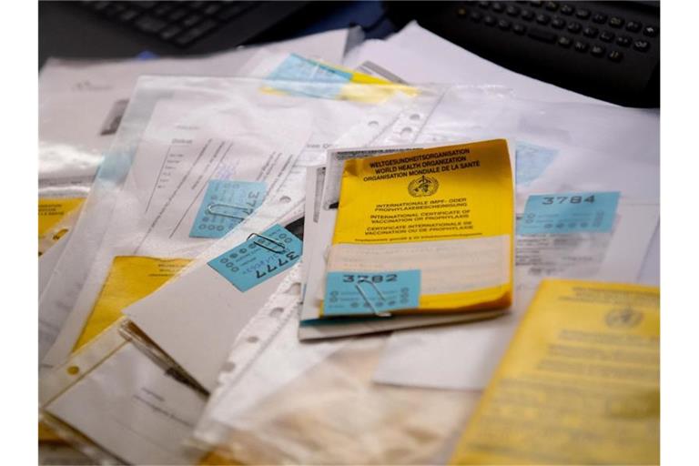 Zahlreiche Impfpässe liegen in einer Apotheke in einem Büro auf einem Tisch. (Archivbild). Foto: Sven Hoppe/dpa