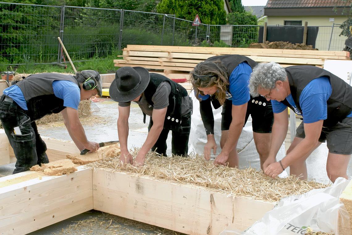 Zimmerermeister Nathanael Tjhen (links), Heiko Fischer (rechts) und die Mitarbeiter der Zimmerei setzen das Baustroh als Dämmung in den Holzrahmen ein. Foto: SWR/Dirk Schwarz 