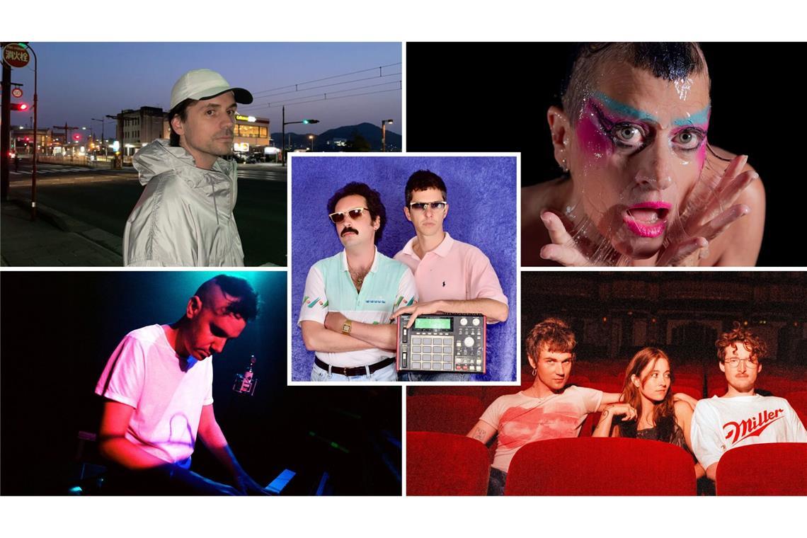 Zu den vielen Highlights der About Pop zählen die Auftritte von Leif Randt, Peaches, Nation Of Language und Josh Cohen (von links oben im Uhrzeigersinn) sowie von Mind Enterprises (Mitte)