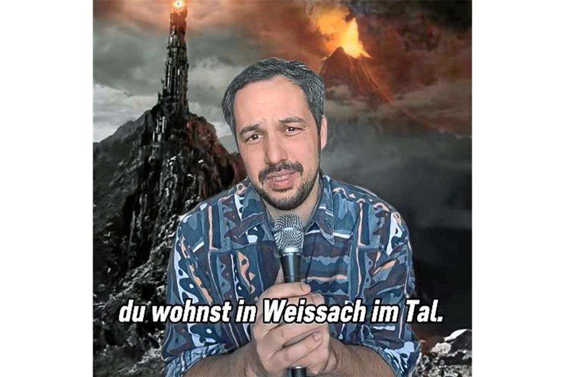 Zu einem Hintergrundbild von Mordor singt Nasim über Weissach im Tal. Screenshot: BKZ
