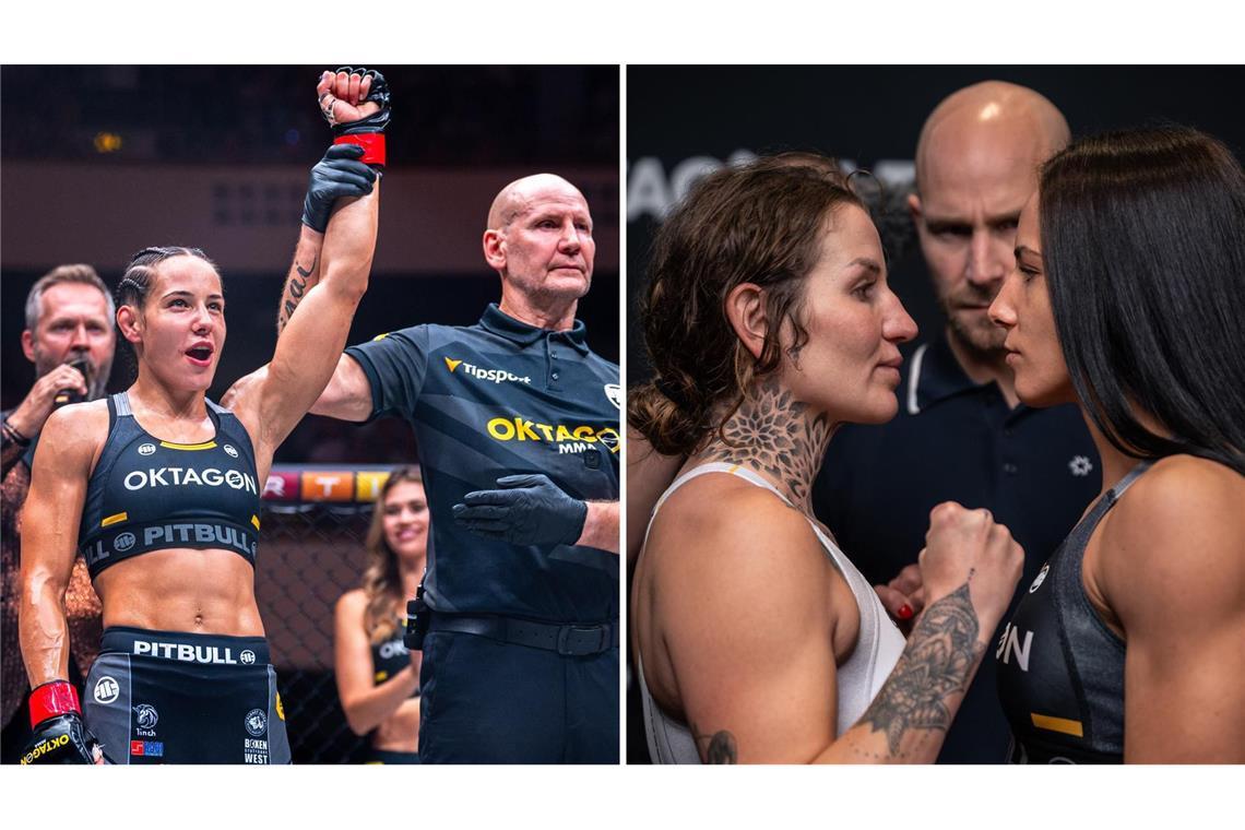 MMA-Kämpferin aus Region Stuttgart im Free-TV – hier ist der Kampf zu sehen Zuletzt siegte Alina Dalaslan in der Frankfurter Festhalle (linkes Bild), nun trifft sie auf Katharina Lehner (rechtes Bild, li.).