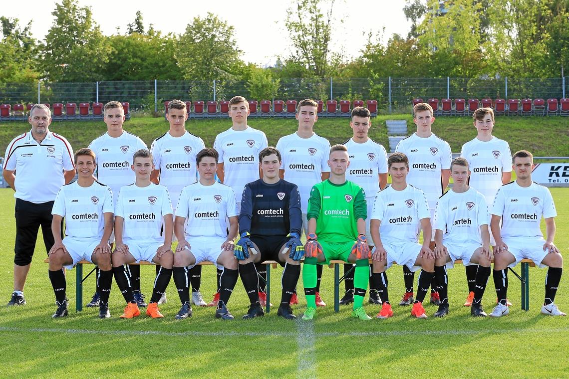 Zum Allmersbacher Aufstiegsteam gehören (von links): Trainer Marc Liebig, Ronny Schmidt, Levin Raddatz, Carl Stelzmann, Marius Weller, Wjatscheslav Schneider, Luis Theilacker, Luis Wüst, Timo Babic, Robin Holzwarth, Ardit Uka, Felix Wüst, Nils Thomann, Kilian Salzmann, Tom Eckardt und Nick Schwab. Es fehlen: Finn Kopp, Leo Goll, Marcel Hofer, Justin Richardson und Marco Wiens. Foto: A. Becher