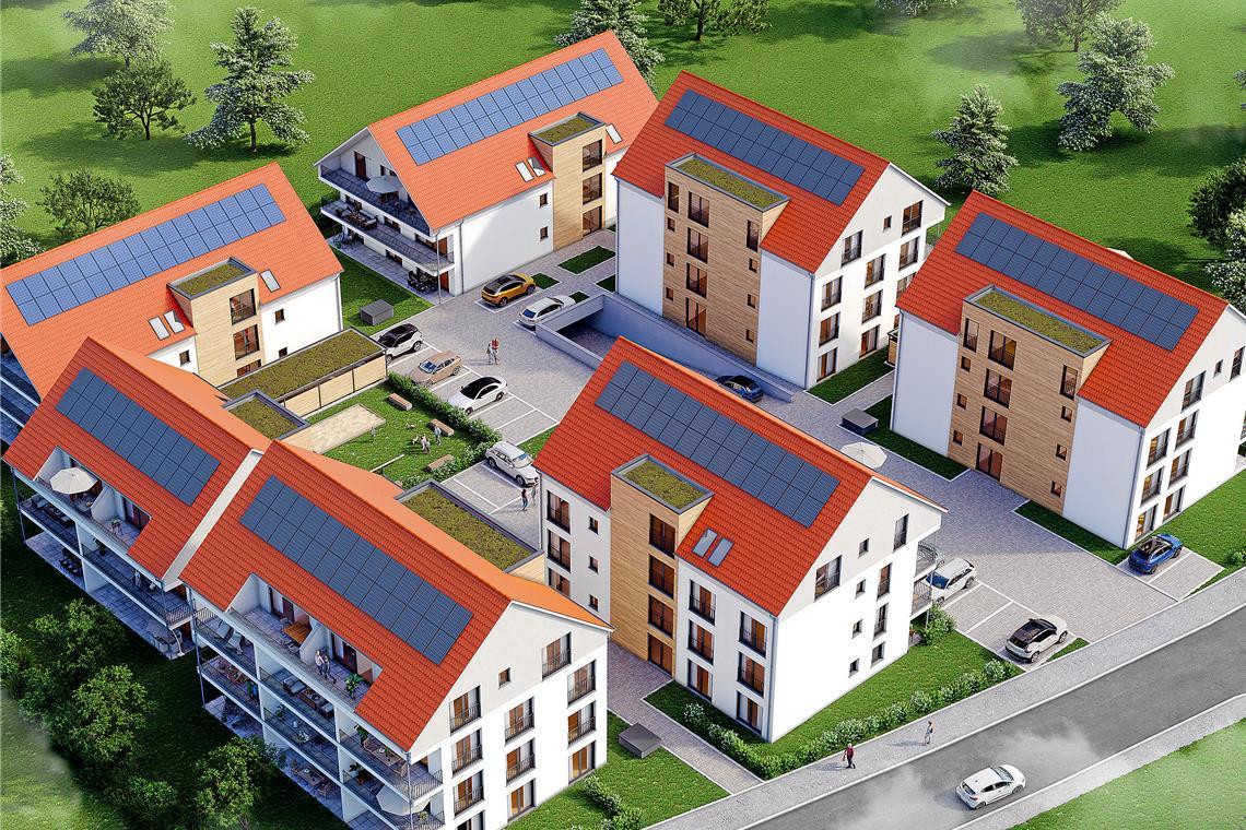 Zum Wohnquartier Hörschbachtal gehören sieben Mehrfamilienhäuser. In zwei an der Siebenkniestraße (rechts und in der Mitte) gelegenen Häusern möchte die Stadt Murrhardt bezahlbaren Wohnraum schaffen. Visualisierung: Wohnbau Laukenmann GmbH