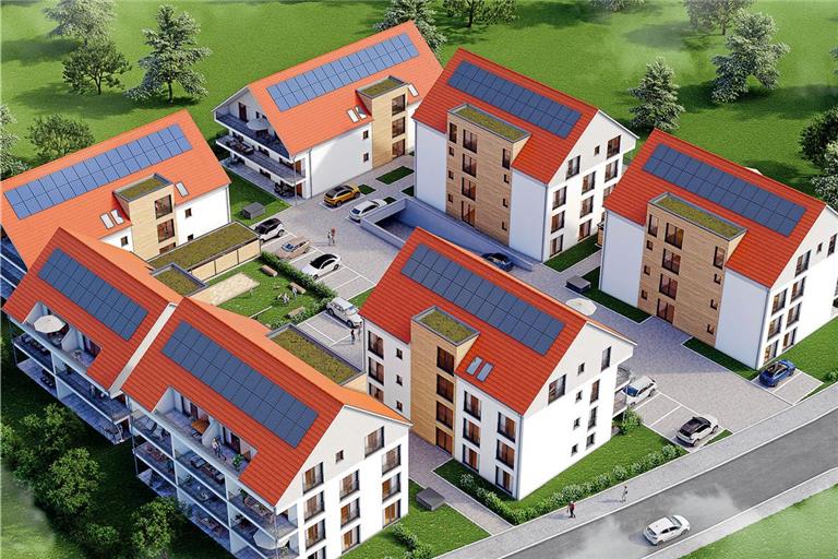 Zum Wohnquartier Hörschbachtal gehören sieben Mehrfamilienhäuser. In zwei an der Siebenkniestraße (rechts und in der Mitte) gelegenen Häusern möchte die Stadt Murrhardt bezahlbaren Wohnraum schaffen. Visualisierung: Wohnbau Laukenmann GmbH