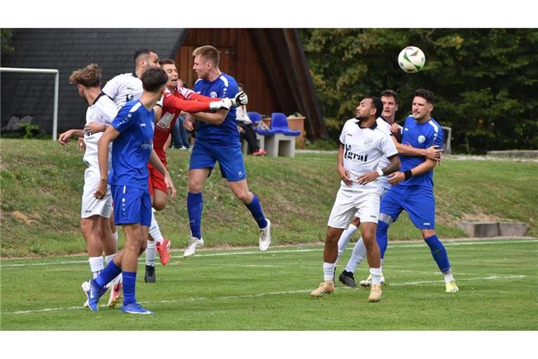 Zwar führte der TSV Schönaich (in Blau) kurzzeitig auswärts, aber Keeper Lukas Kroker und der SV Oberjesingen (in Weiß) hatten keinerlei Mühe, dennoch zu gewinnen.
