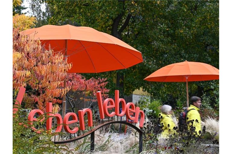 Zwei Besucher laufen durch die Villengärten der Landesgartenschau. Foto: Felix Kästle/dpa