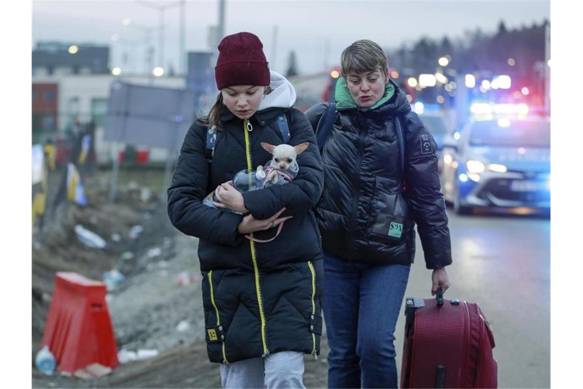 UN: 1,25 Millionen Menschen aus Ukraine geflohen Zwei geflüchtete Frauen kommen mit einem Hund am Grenzübergang Medyka in Polen an. Foto: Visar Kryeziu/AP/dpa