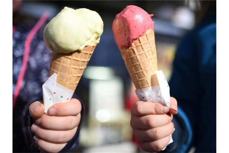Zwei Kinder halten bei ein Eis in der Waffel. Foto: Patrick Seeger/dpa/Archivbild