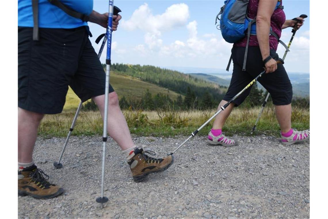 Zwei Personen laufen mit Wanderschuhen, Wanderstöcken und kurzer Hose auf einem Wanderweg. Foto: Patrick Seeger/dpa/Archivbild