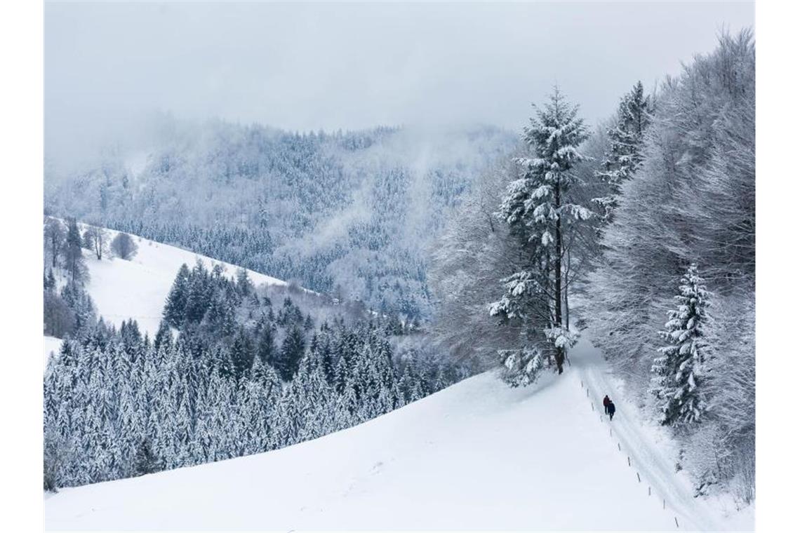 Wetter zum Neujahr: Wolken, Frost und Schnee Zwei Spaziergänger gehen einen verschneiten Weg durch eine winterliche Landschaft im Münstertal entlang. Foto: Philipp von Ditfurth/dpa