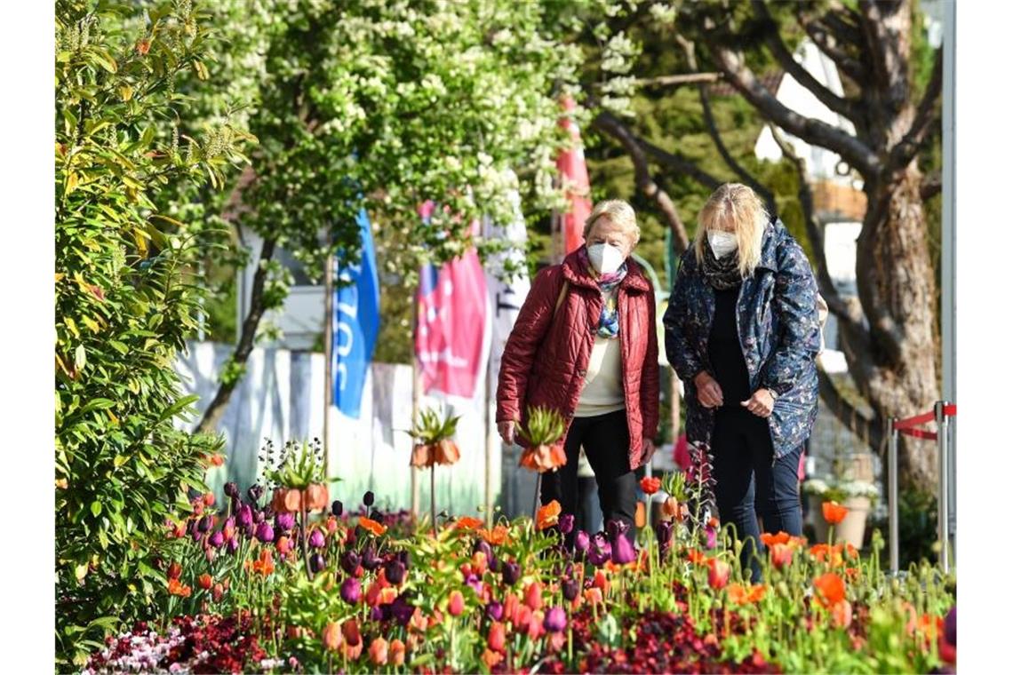Überlinger Landesgartenschau ist eröffnet Zwei Überlingerinnen schauen sich die Blumenpracht auf dem Gelände der Landesgartenschau an. Foto: Felix Kästle/dpa