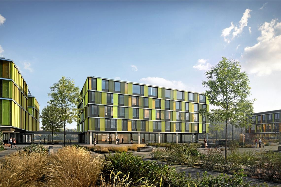 10,3 Millionen Förderung fürs Klinikum Zwischen den Bestandsgebäuden soll ein Neubau entstehen. Visualisierung: Rems-Murr-Kliniken